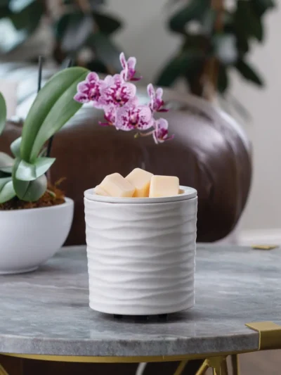 Harmony Spa wax warmer in a living room setting, gently warming wax to create a relaxing fragrance
