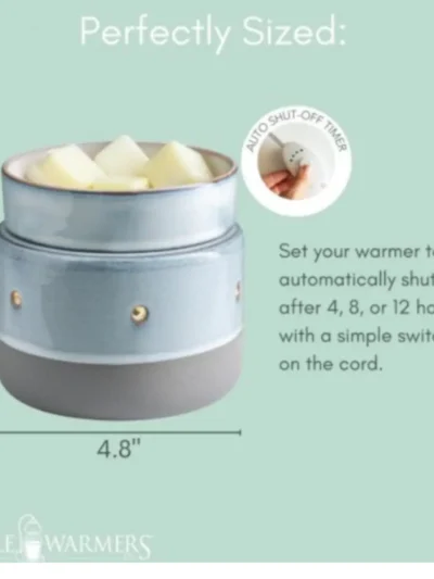 Blue glazed ceramic wax melt burner showing compact size and auto shut-off timer feature