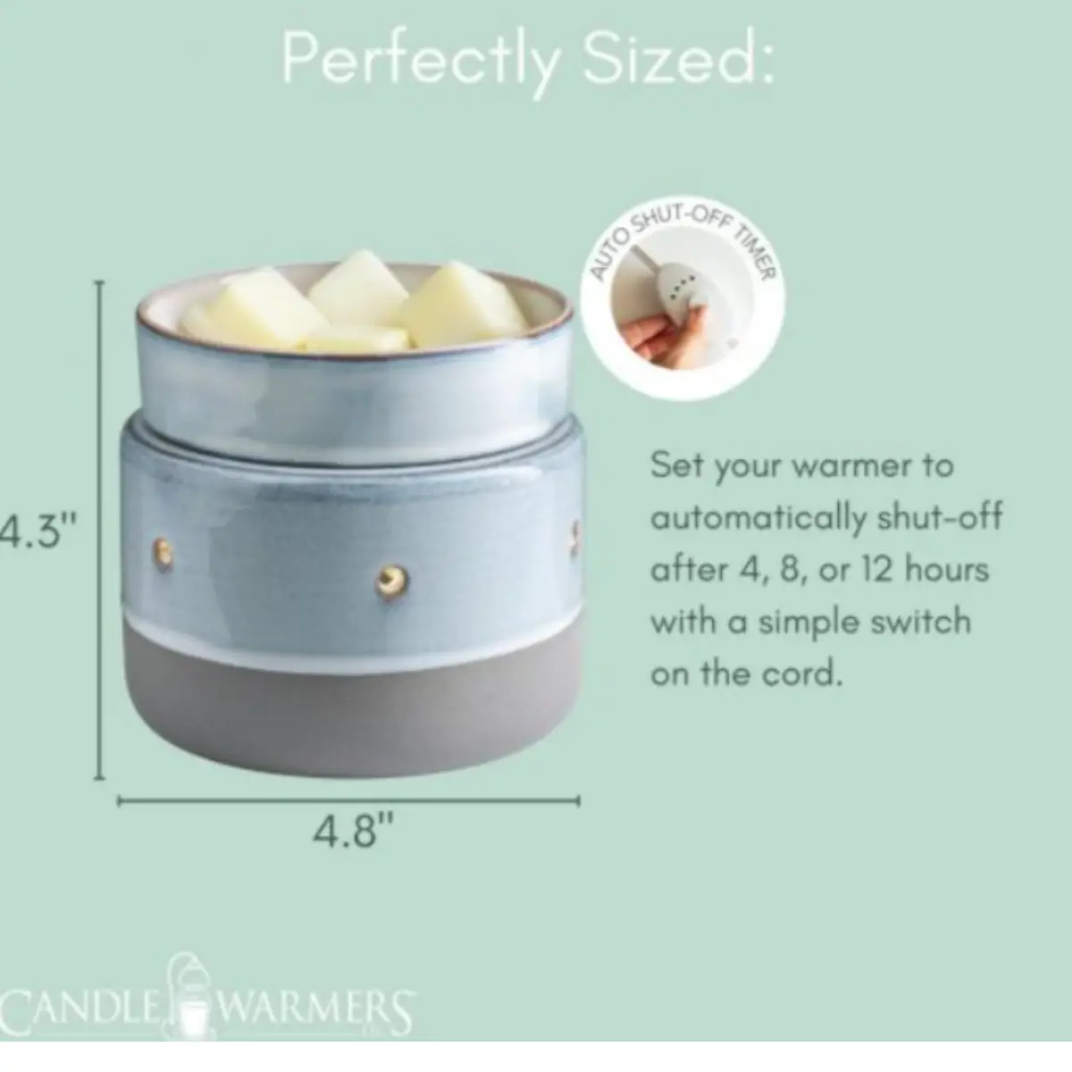 Blue glazed ceramic wax melt burner showing compact size and auto shut-off timer feature