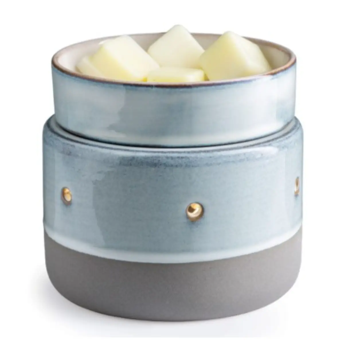 Ceramic wax melt burner with blue glazed finish and gold accents, holding fragrance wax cubes