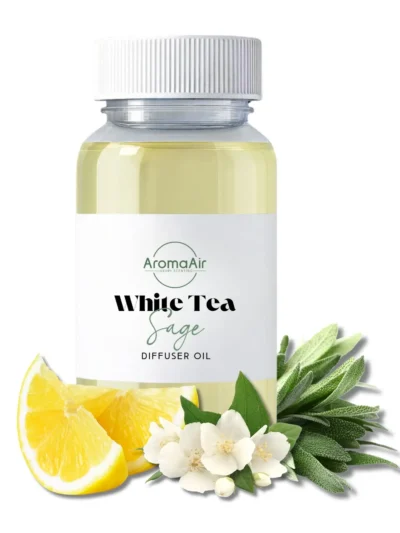 Silk & Sage diffuser oil by AromaAir featuring white tea, garden sage, bergamot, grapefruit, African violet, frankincense, and vetiver notes