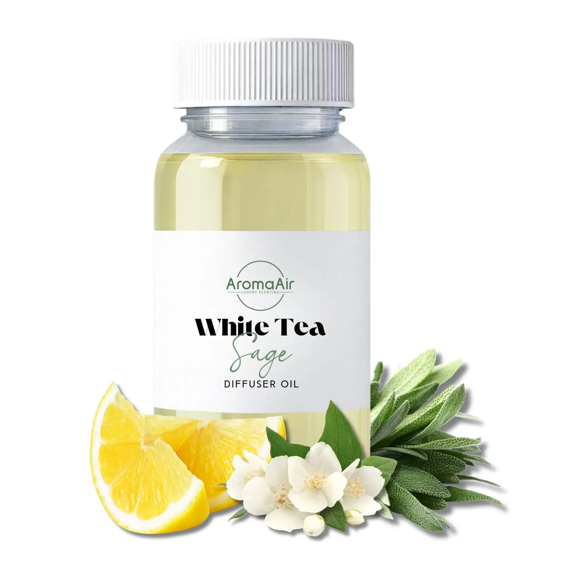 Silk & Sage diffuser oil by AromaAir featuring white tea, garden sage, bergamot, grapefruit, African violet, frankincense, and vetiver notes