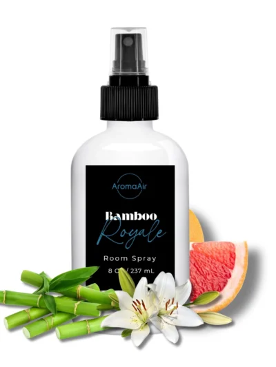 Bamboo Royale Room Spray featuring green bamboo, bergamot, cucumber, jasmine, water lily, and warm bamboo wood notes.