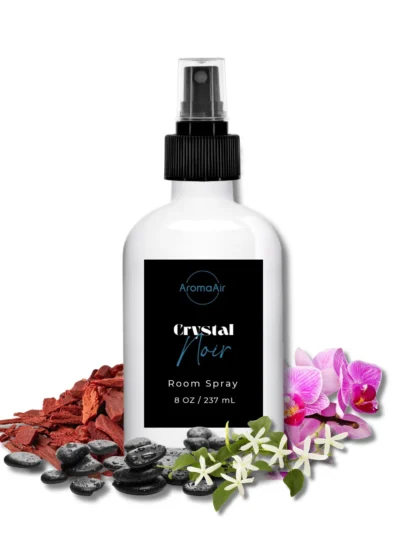 Crystal Noir Room Spray inspired by Shops at Crystals Las Vegas, featuring peach, plum, orchid, amber woods, sandalwood, and vanilla notes.