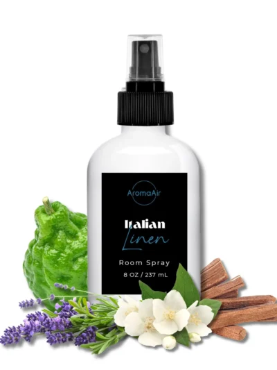 Italian Linen Reserve Room Spray featuring fresh linen, citrus fruits, rose, geranium, herbal tea, musk, and sandalwood notes.