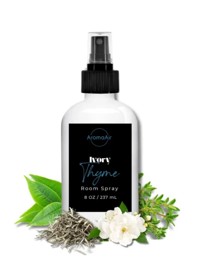 Ivory Thyme Room Spray featuring white tea, fresh thyme, jasmine, lily pad, cedar, and warm amber notes.