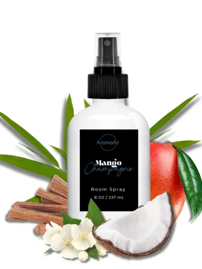 Mango Champagne Room Spray featuring mango, tangerine, papaya, coconut, grapefruit, sandalwood, and musk notes.