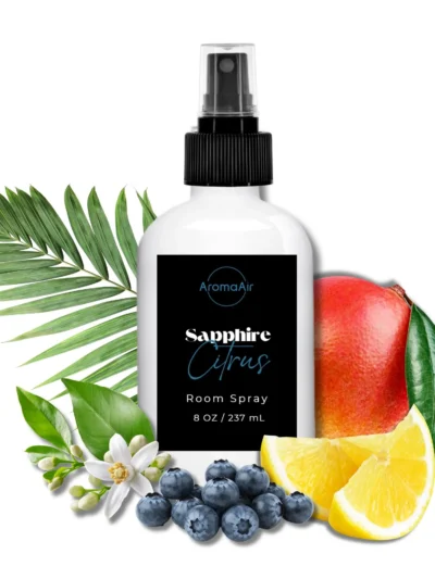 Sapphire Citrus Room Spray featuring agave, citrus zest, papaya, jasmine, coconut, caramel, and warm musk notes.