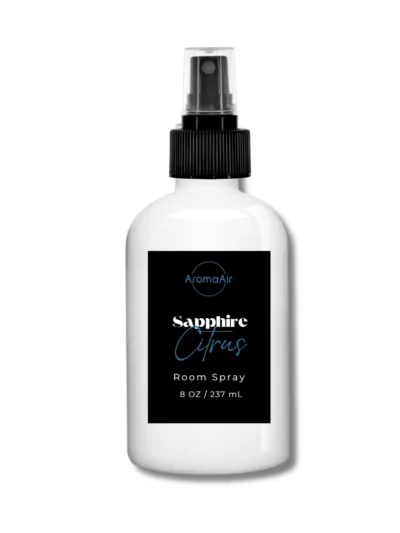 Sapphire Citrus Room Spray featuring agave, citrus zest, papaya, jasmine, coconut, caramel, and warm musk notes. Plain