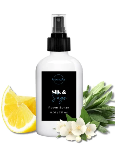 Silk & Sage Room Spray featuring white tea, fresh citrus, rose, jasmine, soft woods, and musk notes.