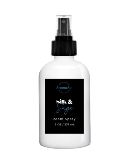 Silk & Sage Room Spray featuring white tea, fresh citrus, rose, jasmine, soft woods, and musk notes. Plain