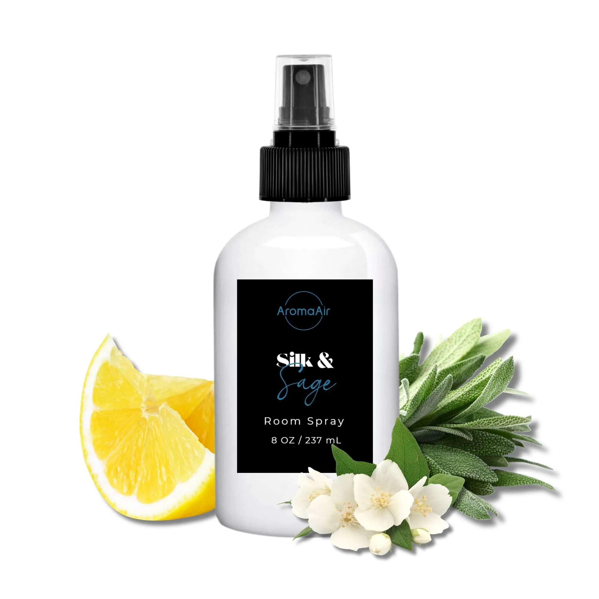 Silk & Sage Room Spray featuring white tea, fresh citrus, rose, jasmine, soft woods, and musk notes.